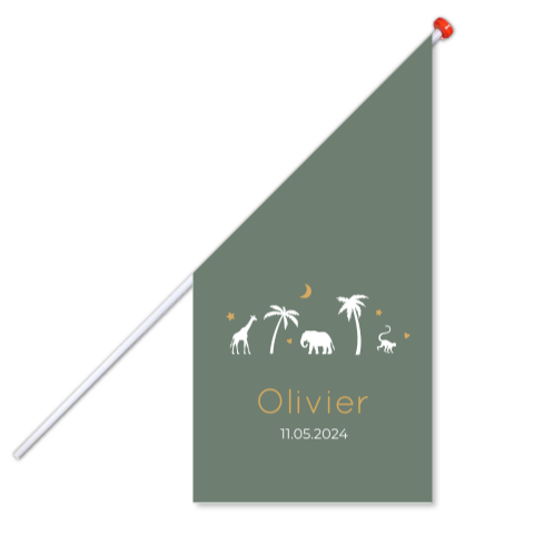Geboortevlag klein geboortekaartje Olivier tropische dieren palmbomen