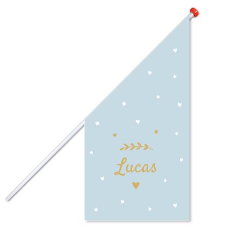 Geboortevlag klein geboortekaartje Lucas blauw hartjes sterren