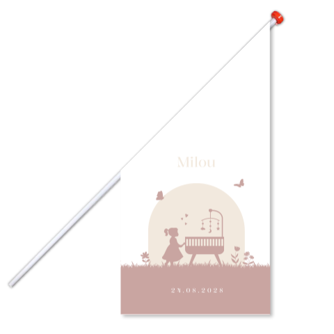 Geboortevlag klein geboortekaartje Milou silhouet wiegje bloemen