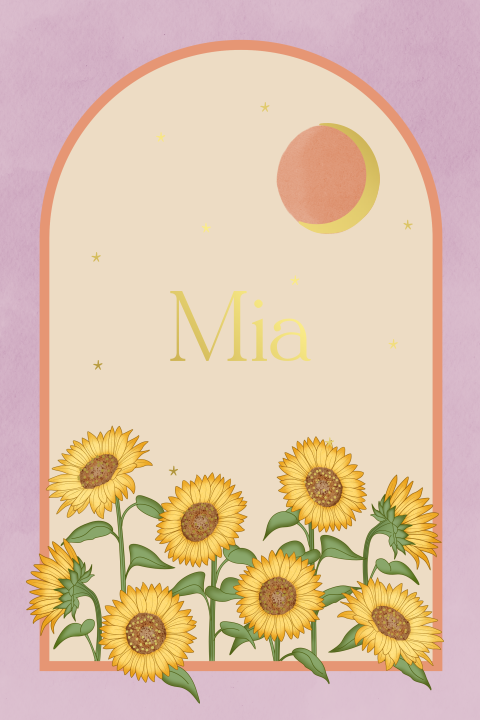 Geboortekaartje Zonnebloem Sterren Maan Lila Peach