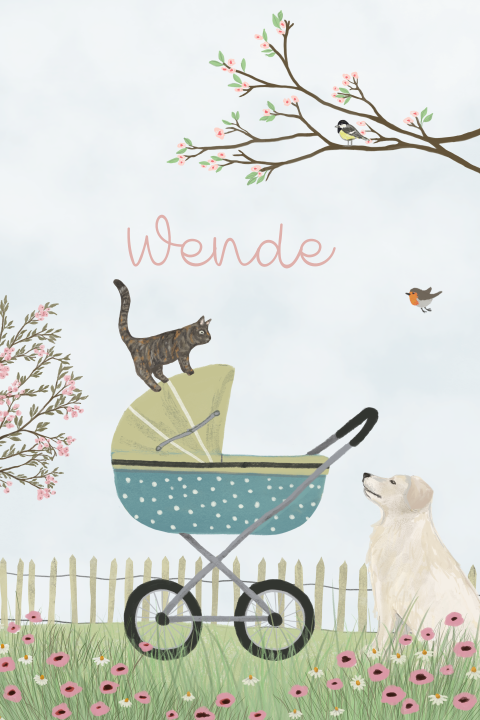 Poster vintage kinderwagen klaproos kat en hond