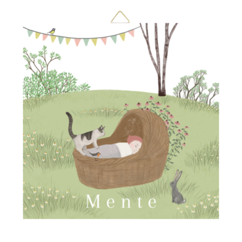 Tegeltje bloemenweide rieten mandje kat