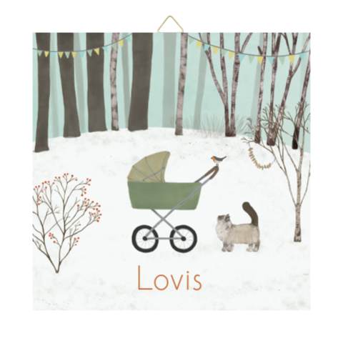 Tegeltje bos winter kinderwagen met Ragdoll kat
