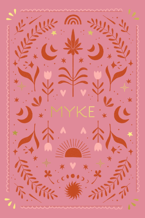 Geboortekaartje Myke | Roze patroon met goudfolie