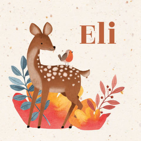 Duurzaam geboortekaartje Eli | Hertje en roodborstje in de herfst