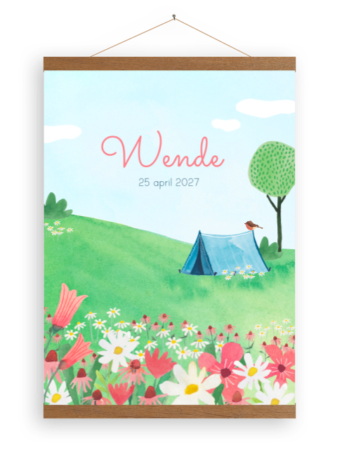 Unieke geboorteposter 'Wende' met houten latjes | Tentje en bloemen