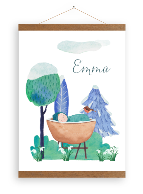 Poster met houten latjes  |  Winters wiegje