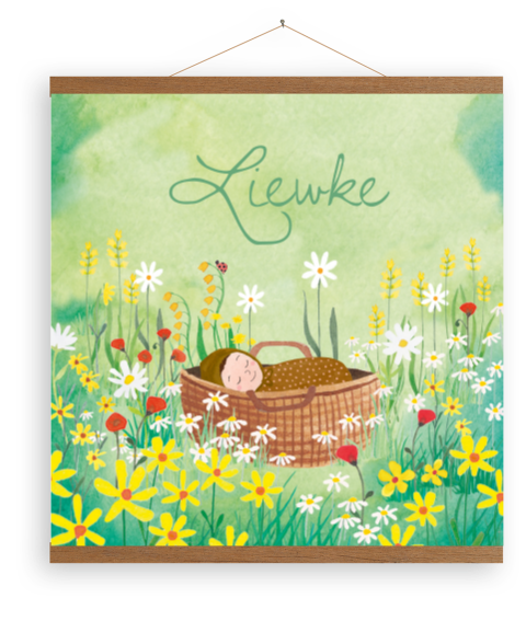 Canvas geboorte poster met houten latjes - Baby tussen de bloemen