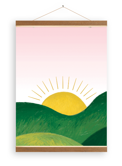 Babykamer poster 'Zonsopkomst' met houten latjes