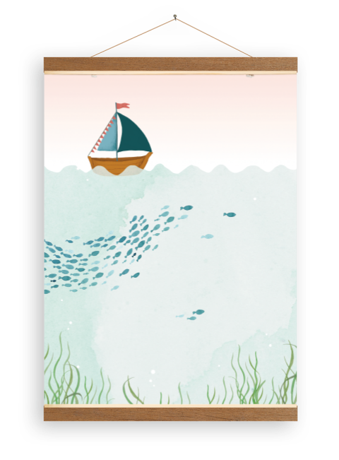 Babykamer poster met houten latjes | Bootje op zee