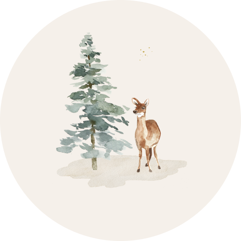 Sluitsticker kerstkaart illustratie dennenboom hertje