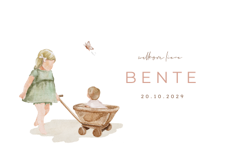 Getekende geboortekaart voor een zusje met een grote zus en baby