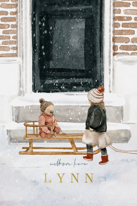 Getekend geboortekaartje winter meisje sneeuw slee en goudfolie