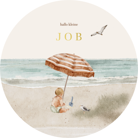 Rond geboortekaartje jongen in een zomer thema met strand en parasol
