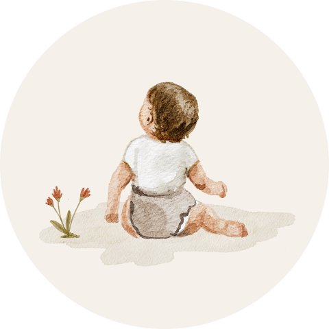 Sticker voor een geboortekaartje met een baby en bloementjes