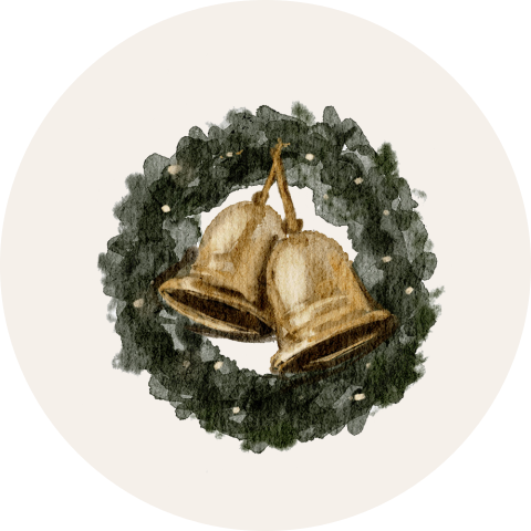 Sticker kerstkaart met kerstkrans en klokken