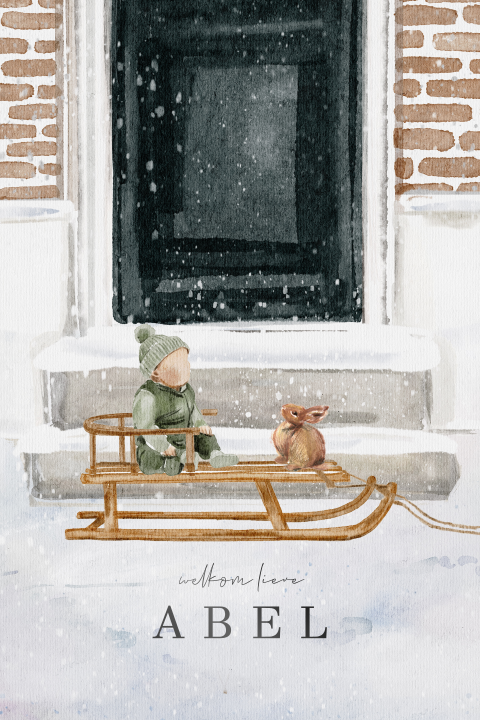 Getekend geboortekaartje baby op slee met konijn in de winter