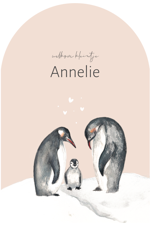 Winter geboortekaartje arch vorm roze met pinguins