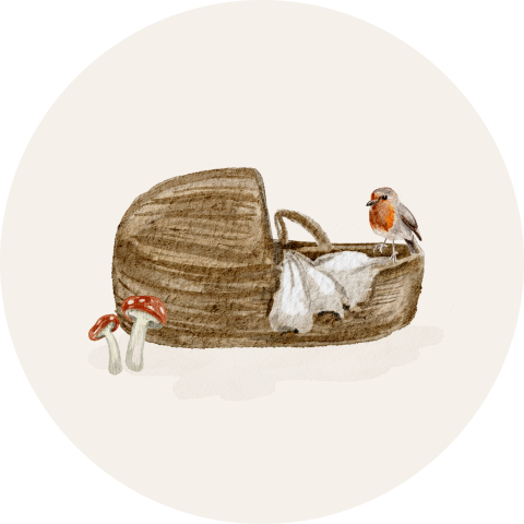 Sluitsticker geboortekaartje herfst met rieten wiegje en vogel