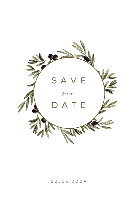 Save the date kaart met een krans van olijftakken in groen