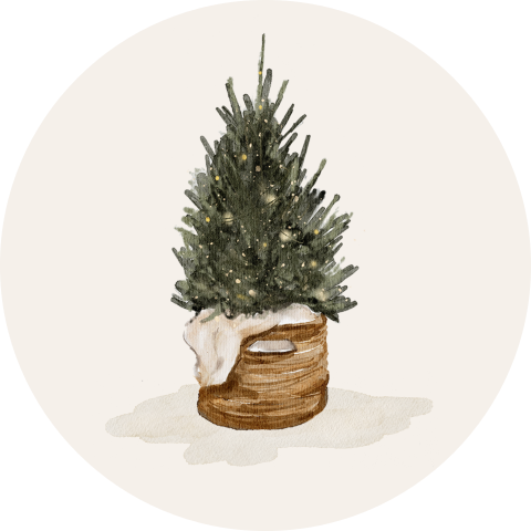 Sluitsticker kerstkaart kerst met kerstboom in mand