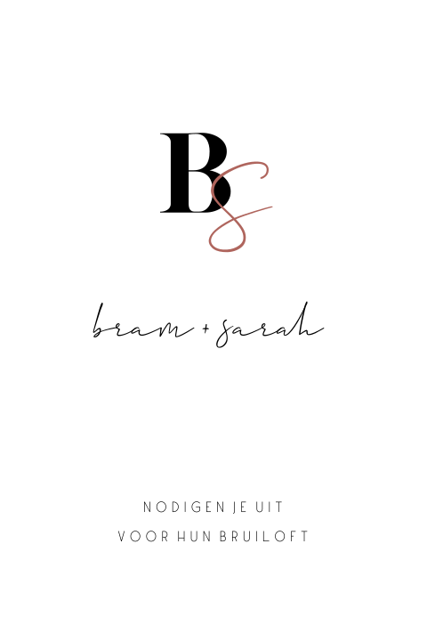 Enkele trouwkaart met ronde hoeken en initialen in zwart en roestbruin