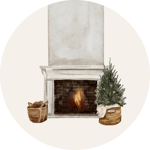 Sluitsticker kerstkaart met open haard en kerstboom