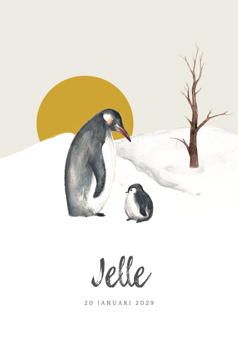 Winter geboortekaartje met een grote en kleine pinguin