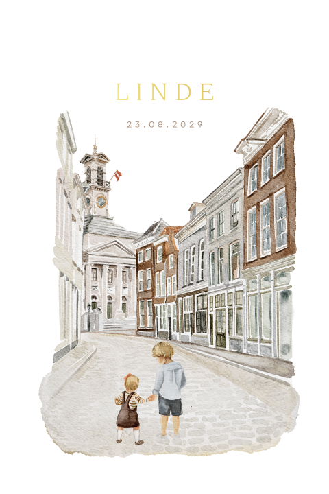 Geboortekaartje stad dordrecht aquarel baby zusje
