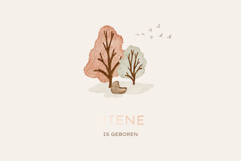 Enkel getekend geboortekaartje rosefolie bomen baby wiegje