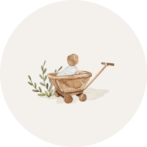 Sluitsticker voor je geboortekaartje met een baby jongen in bolderkar