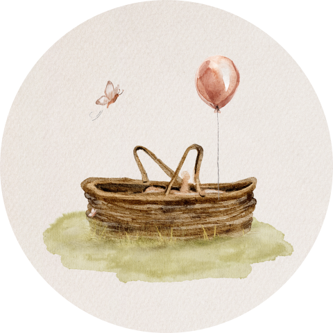 Sticker geboorte met mandje in gras met roze ballon en vlinder