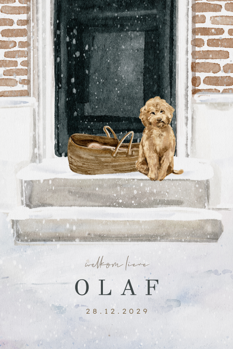 Getekend geboortekaartje winter met hond baby en sneeuw