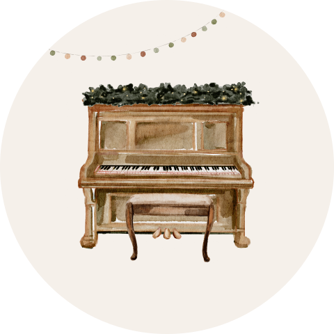 Sluitsticker kerstkaart met piano en groene takken