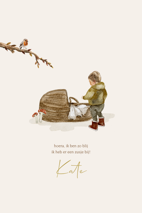 Herfst geboortekaartje voor zusje met getekend babymandje en broertje