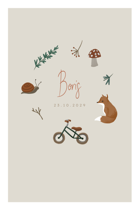 Illustratief geboortekaartje jongen vos herfst fiets illustratief