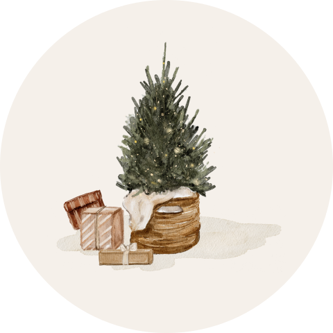 Sticker voor een kerstkaart met kerstboom en cadeautjes