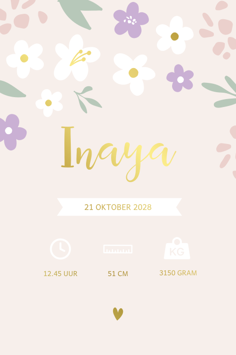 Geboorteposter met vrolijke bloemen en foliedruk