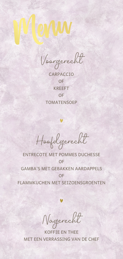 Langwerpige menukaart met paarse velvetlook en foliedruk