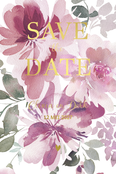 Save the date op kalkpapier met kleurige bloemen en foliedruk