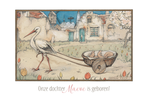 Raamsticker liggend Anton Pieck ooievaar met baby