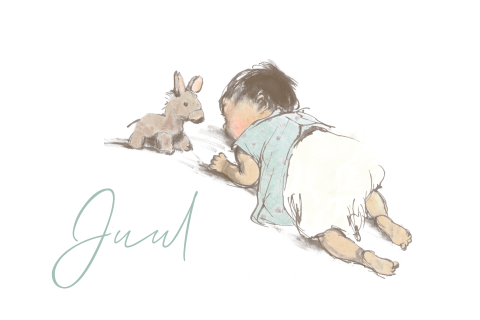 Pentekening liggende baby met knuffeldier