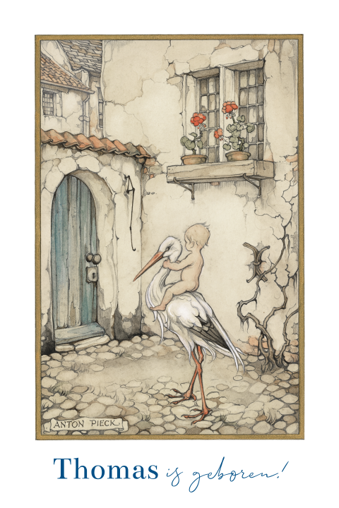 Raamsticker Anton Pieck baby op rug ooievaar