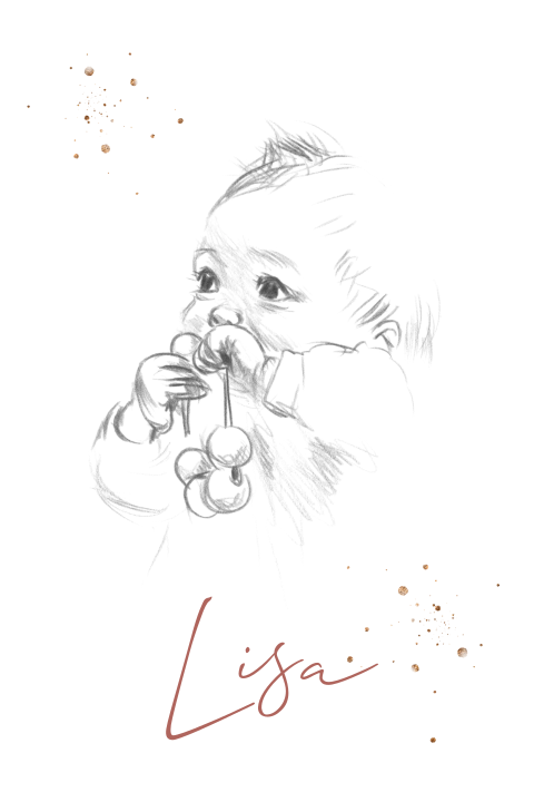 Enkel geboortekaartje pentekening baby met kralen goudlook