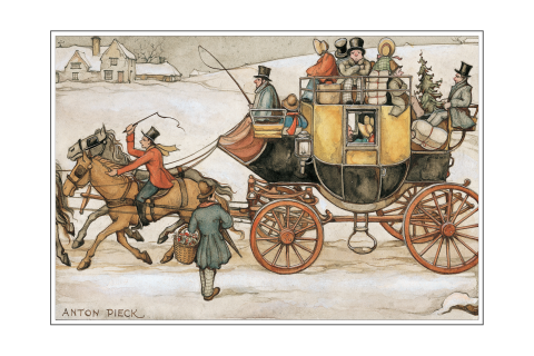 Kerstkaart Anton Pieck postkoets met paarden