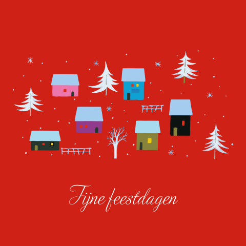 Kerstkaart huisjes en boompjes rood
