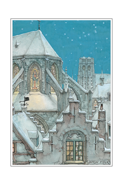 Kerstkaart Anton Pieck kerk bij nacht