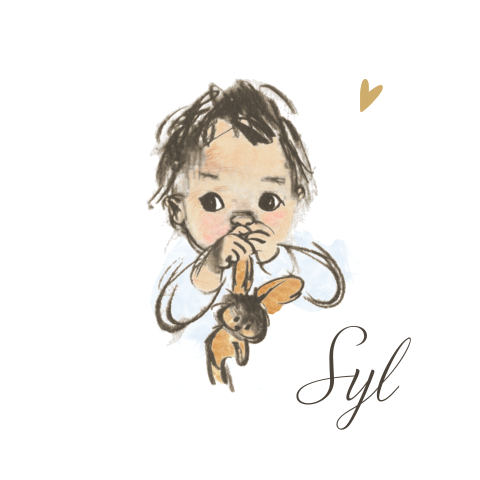 Geboortekaartje pentekening jongen baby knuffel konijn