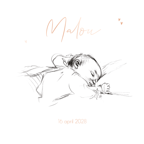 Geboortekaartje pentekening baby hartjes roségoudfolie