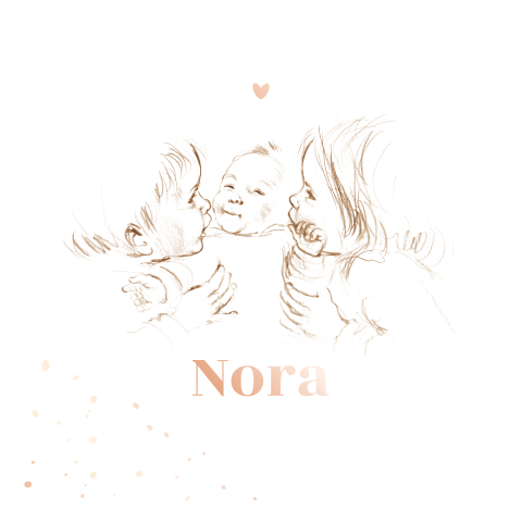 Geboortekaart pentekening sepia 3e kindje roségoudfolie